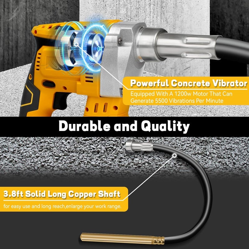 vokoroad Handheld Concrete Vibrating Tool for Dewalt 20V Max Battery, Construction Insertion 5,000VPM Flexible Portable Pencil Cement Vibrator with 3.8FT Shaft Rod, Remove Air Bubble & Mix Concrete(No Battery) - Image 5